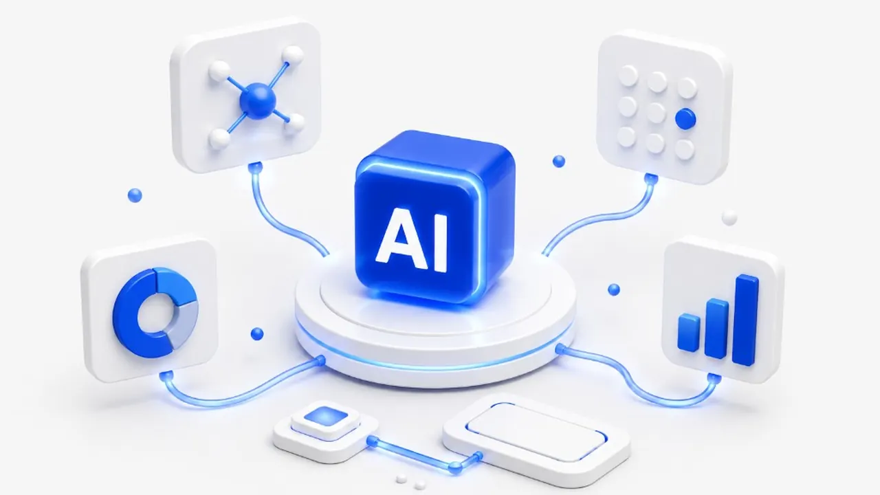 3D isometric illustration on a light gray background with a central glowing blue AI cube on a white tiered pedestal with a blue ring, connected by blue tubes to floating panels showing network nodes, a 3x3 grid selector, a donut chart, a bar chart, and a foreground button with a dashboard panel.