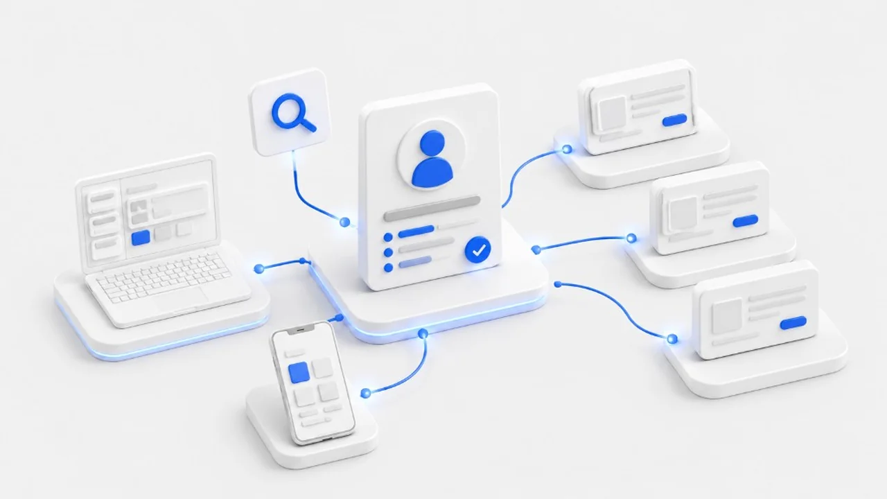 3D isometric recruiting ecosystem with a central candidate profile hub connected by glowing blue lines to search, laptop, smartphone, and job listing icons on a light gray background.
