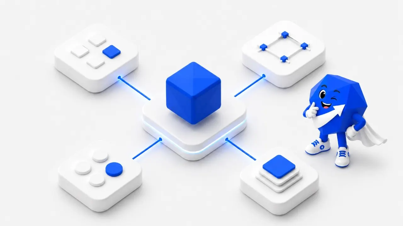 3D isometric design system hub on a light gray background: a central blue cube on a white platform connected by glowing blue lines to four nodes—a component grid, wireframe bounding box, color dots, and layer stack—with a blue multifaceted mascot winking, hand on chin, white cape with upward arrow, and white sneakers on the right.