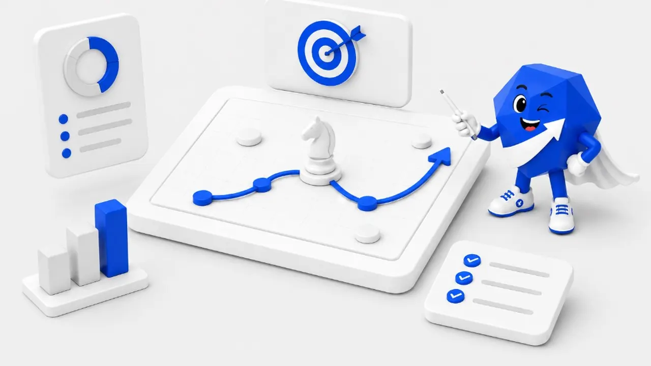 3D isometric product experience audit scene on a white background: white rounded strategy board with grid, blue upward line graph with nodes and chess knight at center; blue low-poly mascot winking with white cape, gloves, and sneakers holding a stylus toward the board; floating panels with donut chart and bullets, bar chart, target bullseye, and checklist with checkmarks.