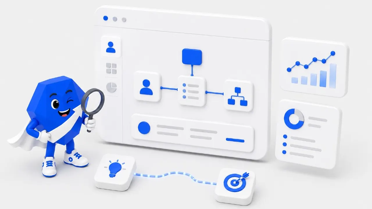 3D claymorphism illustration on a white background: blue hexagonal mascot winking with white cape and sneakers holding a magnifying glass beside a large white dashboard with flowchart, sidebar icons, and CTA; right-side panels show an upward line graph and donut chart; foreground lightbulb tile and target tile connected by a dotted blue line.
