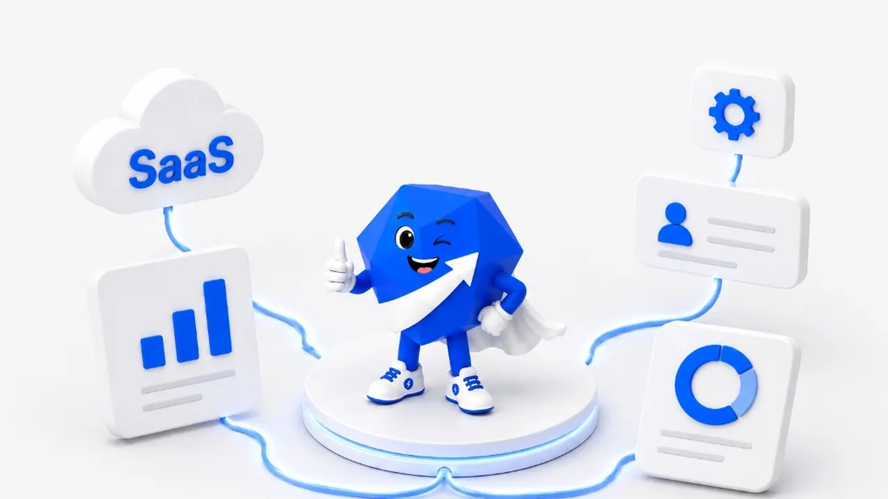 3D isometric illustration on a white background: blue hexagonal mascot winking with thumbs up, white cape with upward arrow and white sneakers on a two-tier white platform; glowing blue lines connect to four floating panels—a SaaS cloud label, bar chart, gear and user profile card, and donut chart.