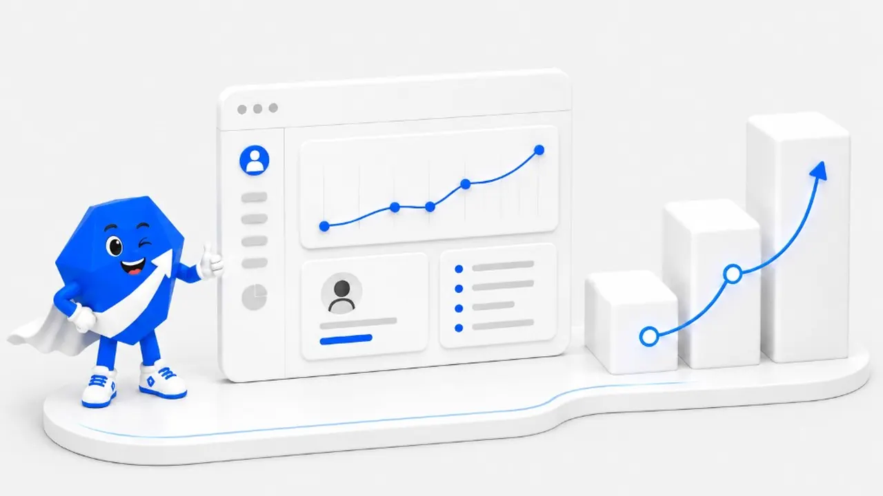 3D claymorphic illustration on a white rounded platform with light gray background: blue faceted mascot winking with a thumbs up, white cape, and upward arrow beside a white dashboard with upward line graph, sidebar, profile and list, and three rising bar blocks with a blue growth line.