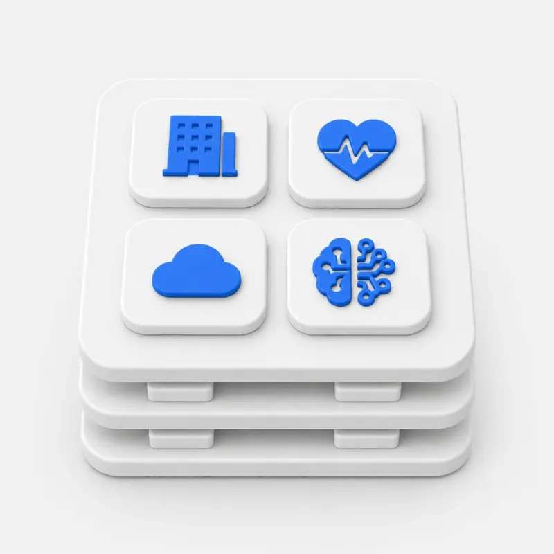 3D isometric illustration on a light gray background: a stack of three white rounded square platforms with a 2×2 grid of blue icons on top—enterprise building, healthcare heart with EKG line, cloud, and AI brain with circuit traces.