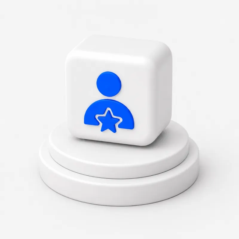 3D minimalist illustration on a light gray background: white rounded cube on a two-tier white circular pedestal with a blue person silhouette and five-pointed star, representing senior expert leadership.
