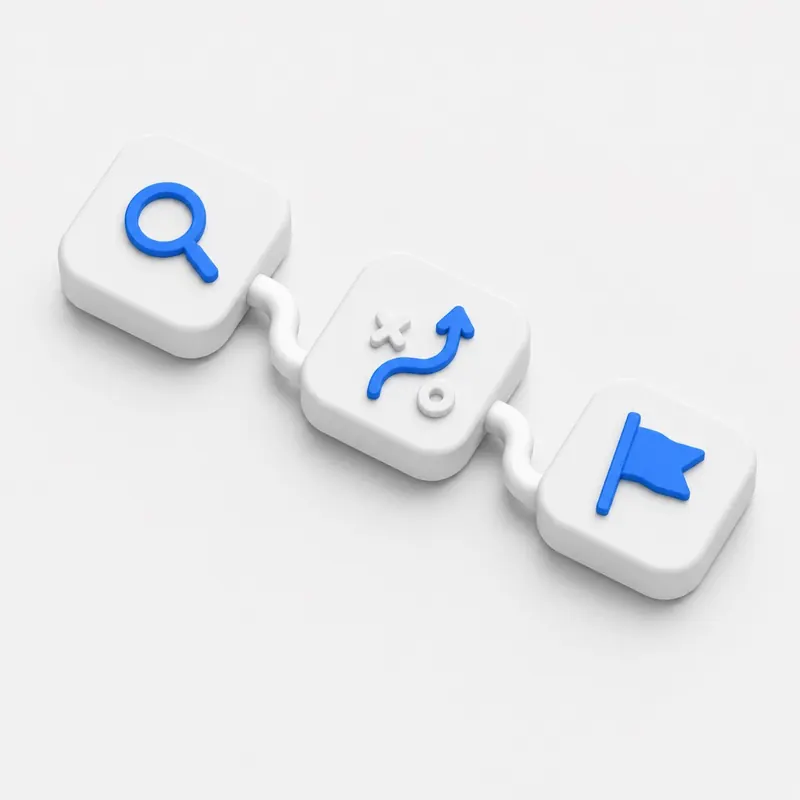 3D isometric illustration on a light gray background: three white rounded tiles on a diagonal with a white S-shaped pipe connector—a magnifying glass for discovery, a curved strategy arrow with X and circle for planning, and a flag for execution and goals.